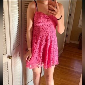 Lulus So Into You Hot Pink Crochet Lace Bustier Skater Mini Dress Size Medium